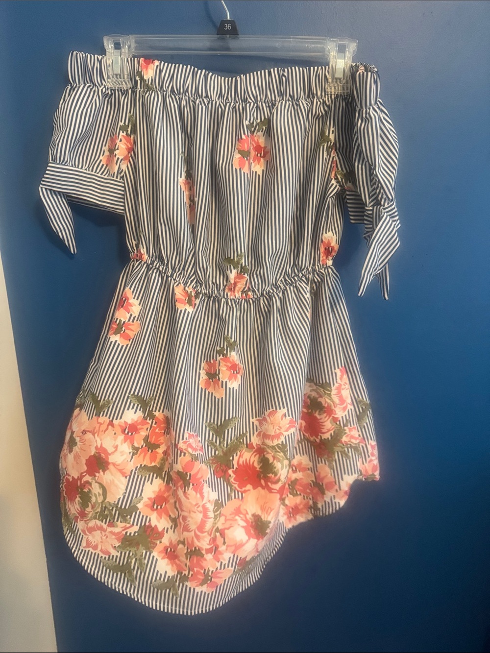 A Hint of Blush off Shoulder Blue Stripe mini dress/shirt. Size small. 4/20 item